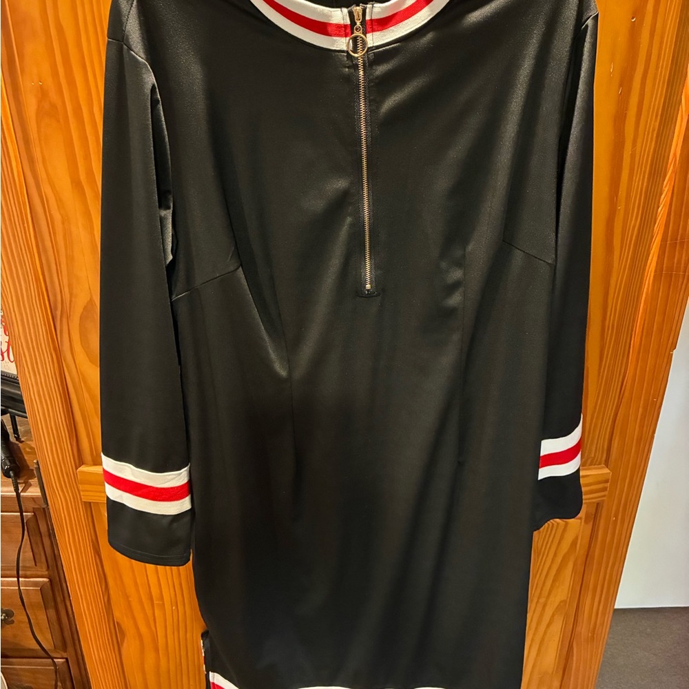 Chic Black Long Sleeve Dress with Red and White Trim